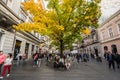 People having a break on a bench under a tree wearing autumn colors on Kneza Mihailova, the main pedestrian street of Belgrade