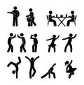 People having fun, dancing, playing musical instruments, stick figure man pictogram, human silhouettes isolated