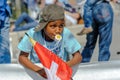 Young supporter with cap enjoys sport at the World Orienteering Championships in Lausanne, Switzerland