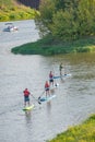 People having fun at old Elbe river in the historical downtown of Magdeburg, Germany, early Autumn