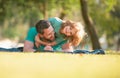 People having fun outdoors. Concept of happy vacation and friendly family. Happy father and son embracing and hugging Royalty Free Stock Photo