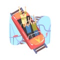 People Having Fun in Roller Coaster, Excited Male Friends Riding Small Fast Open Car in Amusement Park Cartoon Style