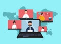 People having online discussion, opinion exchange or video conference, vector illustration in flat style