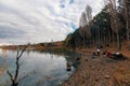 People having picnic by the Blue Lake I Mavi Gol in autumn in Ankara. Seasonal scenery background