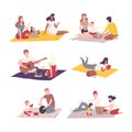 People having picnic on nature set. Families spending time together and relaxing outdoors flat vector illustration Royalty Free Stock Photo