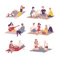 People having picnic on nature set. Friends spending time together and relaxing outdoors flat vector illustration Royalty Free Stock Photo
