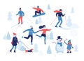 People having winter activities in park, skiing, skating, snowboarding, girl walking the dog, girl making a cute snowman Royalty Free Stock Photo