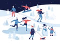 People having winter activities in park, skiing, skating, snowboarding, girl walking the dog, girl making a cute snowman Royalty Free Stock Photo