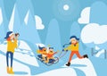 Happy family illustration with kids sledding, father riding, mother recording with video camera in winter day scene. Snowdrifts an Royalty Free Stock Photo