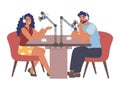 People in headphones recording audio podcast in studio with microphones, flat vector illustration. Radio host interview. Royalty Free Stock Photo