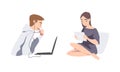 People with headset working with laptop computer set cartoon vector illustration Royalty Free Stock Photo