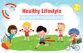 People Healthy Lifestyle, happy kids exercise poses and yoga asana for fitness design with text template, Cute cartoon gymnastics Royalty Free Stock Photo