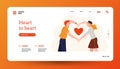 People with heart landing. Home page for volunteer organization or dating site template with cartoon characters holding