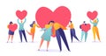 Romantic vector illustration on love story theme. Set of people holding a heart symbols, valentine cards.