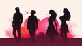 People with hearts as a love triangle. Silhouette vecto