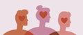 People with Hearts as Love Triangle, Silhouette Vector Stock Illustration as Polyamorous Relationship Concept Men and Women