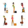 People with Heavy Luggage, Trunk and Suitcase Traveling Vector Set Royalty Free Stock Photo