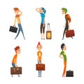 People with Heavy Luggage, Trunk and Suitcase Traveling Vector Set Royalty Free Stock Photo