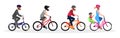 People in helmets riding different types of bicycles folding, BMX, cruiser, road with baby seat.