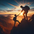 People and son helping each other up on a mountain at sunset. People helping and teamwork concept. Royalty Free Stock Photo
