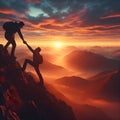 Two people helping each other up on a mountain at sunset. People helping and teamwork concept. Royalty Free Stock Photo