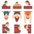 People Hiding Behind Brick Wall and Peeping Set Cartoon Vector Illustration