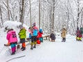 Shuangfeng Forest Farm, Changting Town, Mudanjiang City, Heilongjiang Province, China - 31 December 2014 : People hike on mountain