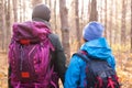 People, hike, tourism and nature concept - Couple tourist hiking in autumn forest, back view