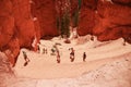 People hiking on the Navajo Loop Train in Bryce Canyon National Park, Utah, USA. This part of hike is called Wall Street