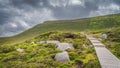 People hiking on wooden boardwalk, between boulders and heathers, leading to Cuilcagh Mountain Royalty Free Stock Photo