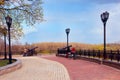 People in historical park in Chernihiv is named Val with promenade pathes and lanterns Royalty Free Stock Photo