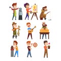 People hobby set. Cartoon male characters. Sculpturing, painting, fishing, hunting, playing guitar, gardening, playing Royalty Free Stock Photo