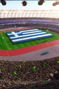 People hold Greece flag in stadium arena. field 3d photorealistic render