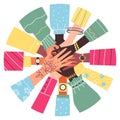 People hold hands in circle, diverse and multicultural arms - cartoon vector illustration isolated on white background.