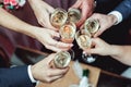 People hold in hands glasses with white wine. wedding party. Royalty Free Stock Photo