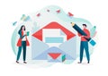 People hold mail. Working process, New email message, mail notification