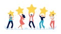 People hold rating stars. Customer feedback, clients choices ratings and customers satisfaction review vector