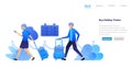 People hold suitcases waiting and queuing to buy flights departure tickets for holidays and tours. vector illustration concept for