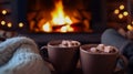 People hold in their hands two mugs of hot chocolate with marshmallows near the fireplace, on a winter evening. AI