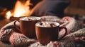 People hold in their hands two mugs of hot chocolate with marshmallows near the fireplace, on a winter evening. AI