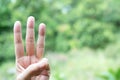 People hold three fingers in nature with copy space for swearing