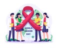 People are holding a big red ribbon together to celebrate World Cancer Day. Vector illustration