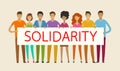 People holding blank banner. Solidarity, cohesion, unity concept. Vector illustration Royalty Free Stock Photo