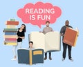 People holding books and a phrase reading is fun Royalty Free Stock Photo