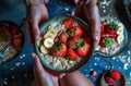 people holding a bowl of oatmeal with strawberries and bananas