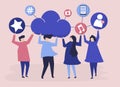 People holding cloud and social networking icons illustration Royalty Free Stock Photo