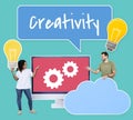 People holding creativity and ideas icons Royalty Free Stock Photo