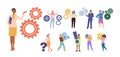 People holding different elements set man and woman with cog wheels, question, exclamation point