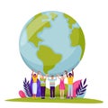 People holding Earth planet. Vector Save Earth Day illustration. Tiny men and women hold world globe on hands Royalty Free Stock Photo