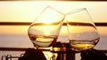 People holding glass of wine, making a toast over sunset. Friends drinking white wine, toasting. Clink. Party outdoors Royalty Free Stock Photo